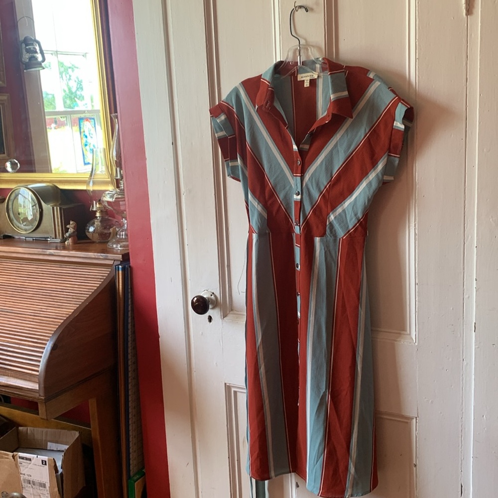 MONTEAU women’s brown and blue pastel collard TShirt Midi dress, size Medium - Picture 11 of 12